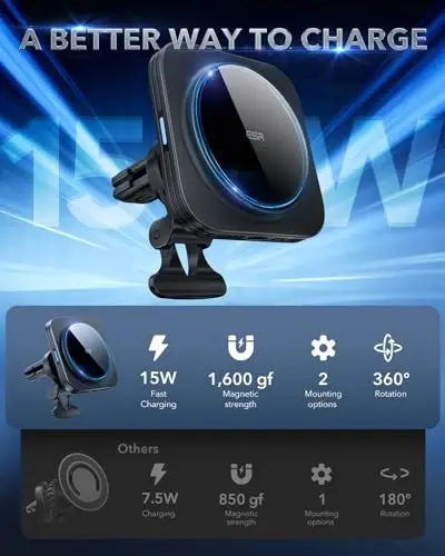 ESR for MagSafe Car Mount Charger, 15W Magnetic Wireless Car Charger, for MagSafe Phone Charging, Air Vent Phone Holder for iPhone 17e/17-12, Samsung Galaxy S26/S25, with 36W QC 3.0 Fast Charging - ESR (1)
