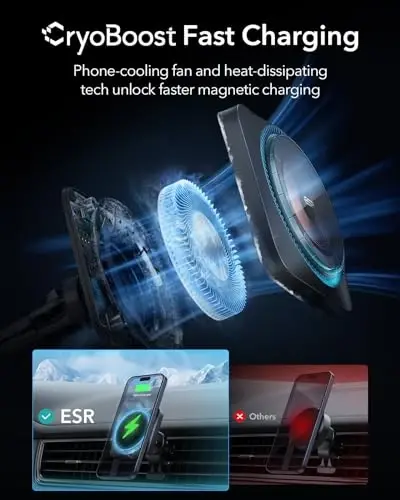 ESR for MagSafe Car Mount Charger with CryoBoost, Phone Cooling MagSafe Car Charger, Magnetic Wireless Car Charger, Air Vent/Dashboard Car Phone Holder Mount for iPhone 15/14/13/12, Fast Charging - 1