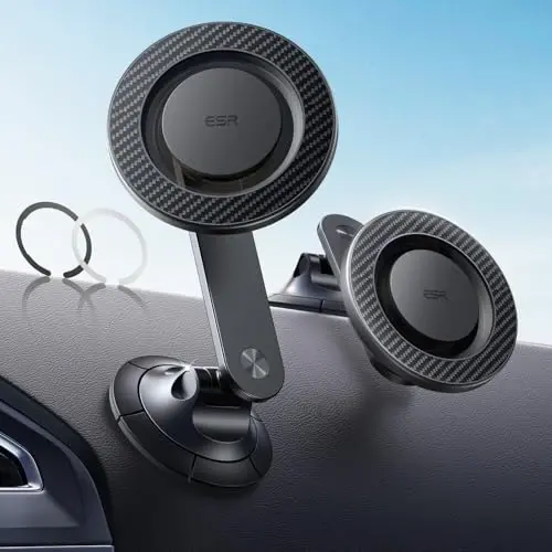 ESR for MagSafe Car Mount, Upgraded Dashboard Magnetic Phone Holder for Car, 360° Rotation, Car Phone Holder Mount for iPhone 17/16/16e/15/14/13/12, S25, Pixel 10, Strong Magnets(with 2 Metal Rings) - ESR