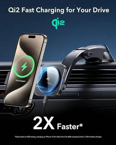 ESR for Qi2 15W MagSafe Car Mount Charger, Qi2-Certified MagSafe Car Charger, Dashboard Magnetic Wireless Car Charger Mount, for iPhone 16/15/14/13/12 Series, Fast Charging, Car Accessories, Black - 3