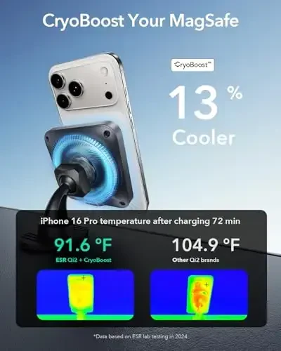 ESR for Qi2 15W MagSafe Car Mount Charger with CryoBoost, Phone Cooling MagSafe Car Charger, Air Vent/Dashboard Wireless Charging for iPhone 17/16/15/14/13/12, S25 Series, Pixel 10, Fast Charger - 4