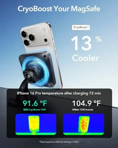 ESR for Qi2 15W MagSafe Car Mount Charger with CryoBoost, Phone Cooling MagSafe Car Charger, Air Vent/Dashboard Wireless Charging for iPhone 17/16/15/14/13/12, S25 Series, Pixel 10, Fast Charger - 4