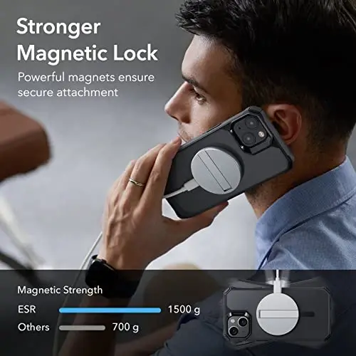 ESR iPhone 14/13 uchun g'ilof, MagSafe bilan mos, harbiy darajadagi himoya, zarbani yutuvchi burchaklar, tirnalishga chidamli, sarg'ayishga qarshi akril orqa, ingichka himoya, Air Armor seriyasi, muzli qora - ESR (1)
