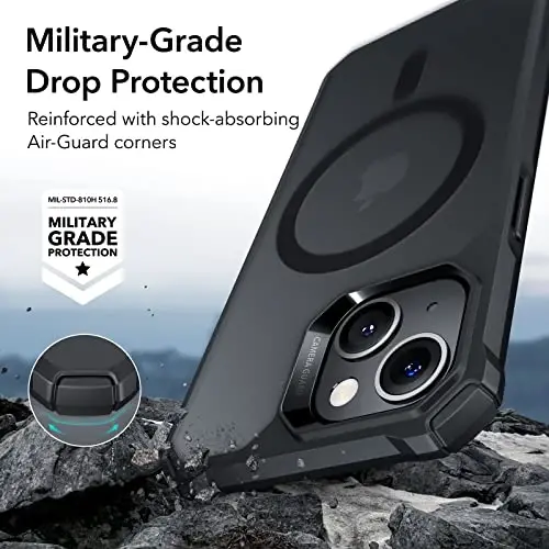 ESR iPhone 14/13 uchun g'ilof, MagSafe bilan mos, harbiy darajadagi himoya, zarbani yutuvchi burchaklar, tirnalishga chidamli, sarg'ayishga qarshi akril orqa, ingichka himoya, Air Armor seriyasi, muzli qora - 3