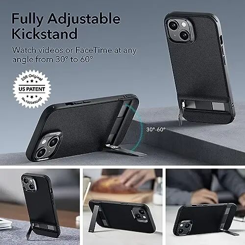 ESR iPhone 15 G‘ilofi, Metall Tayanchli G‘ilof, 3 ta Tayanch Rejimi, Harbiy Darajadagi Tushishdan Himoya, Simsiz Quvvatlashni Qo‘llab-quvvatlaydi, Patentlangan Tayanchli Yupqa Orqa Qopqoq, Boost Seriyasi, Qora - 3