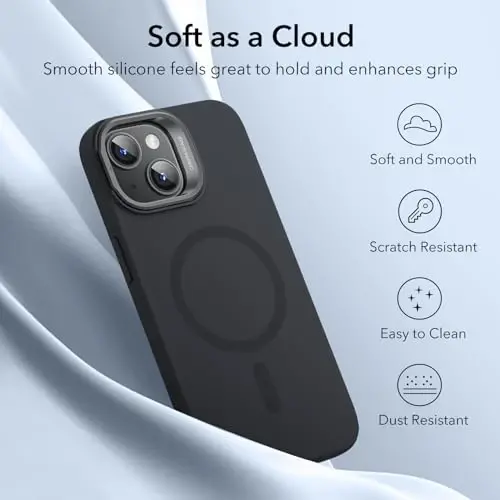ESR iPhone 15 Plus uchun g'ilof, MagSafe silikonli g'ilof stend bilan, harbiy darajadagi himoya, o'rnatilgan kamera stend, magnitli telefon g'ilofi iPhone 15 Plus uchun, Cloud Series, qora - 6