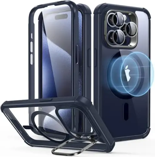 ESR iPhone 15 Pro uchun g‘ilof, MagSafe bilan mos, to‘liq korpusli harbiy darajadagi zarbga chidamli g‘ilof, iPhone 15 Pro uchun o‘rnatilgan 9H+ закалённое shisha ekran himoyachisi va tirgak, tiniq to‘q ko‘k - 4