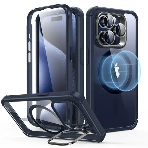 ESR iPhone 15 Pro uchun g‘ilof, MagSafe bilan mos, to‘liq korpusli harbiy darajadagi zarbga chidamli g‘ilof, iPhone 15 Pro uchun o‘rnatilgan 9H+ закалённое shisha ekran himoyachisi va tirgak, tiniq to‘q ko‘k 
