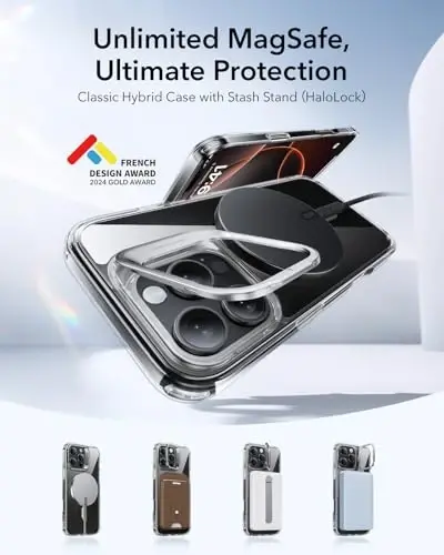 ESR iPhone 16 Pro Case, Compatible with MagSafe, Military-Grade Protective Case, Built-in Stash Stand Phone Case, Scratch-Resistant Back Cover, Classic Series, Clear - 2