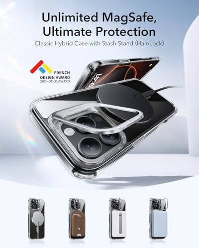 ESR for iPhone 16 Pro Case, Compatible with MagSafe, Military-Grade Protective, Built-in Stash Stand Phone Case, Scratch-Resistant Back Cover, Classic Series, Clear - 2