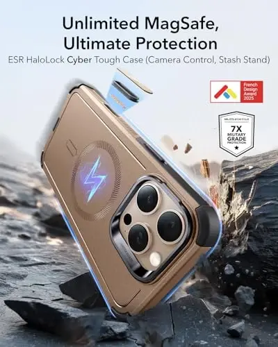 ESR for iPhone 16 Pro Max Case with Stash Stand, Camera Control, 23FT Military-Grade Shock-Absorbing Drop Protection, Compatible with MagSafe Accessories, Magnetic Cyber Series, Gold 
