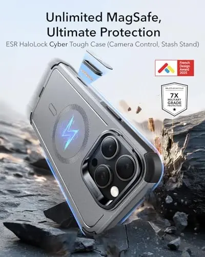 ESR for iPhone 16 Pro Max Case with Stash Stand, Camera Control, 23FT Military-Grade Shock-Absorbing Drop Protection, Compatible with MagSafe Accessories, Magnetic Cyber Series, Titanium 