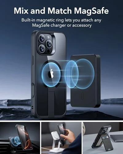 ESR iPhone 16 Pro uchun stendi bo‘lgan qopqoq, MagSafe bilan mos, iPhone 16 Pro uchun magnitli taganchali qopqoq, harbiy darajada himoyalovchi zarbaga chidamli qopqoq, Boost seriyasi, shaffof qora - 6