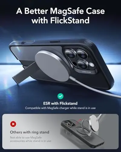 ESR iPhone 16 Pro uchun stendi bo‘lgan qopqoq, MagSafe bilan mos, iPhone 16 Pro uchun magnitli taganchali qopqoq, harbiy darajada himoyalovchi zarbaga chidamli qopqoq, Boost seriyasi, shaffof qora - 3