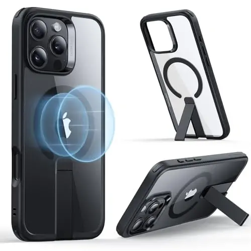 ESR iPhone 16 Pro uchun stendi bo‘lgan qopqoq, MagSafe bilan mos, iPhone 16 Pro uchun magnitli taganchali qopqoq, harbiy darajada himoyalovchi zarbaga chidamli qopqoq, Boost seriyasi, shaffof qora 
