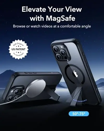 ESR iPhone 16 Pro uchun stendi bo‘lgan qopqoq, MagSafe bilan mos, iPhone 16 Pro uchun magnitli taganchali qopqoq, harbiy darajada himoyalovchi zarbaga chidamli qopqoq, Boost seriyasi, shaffof qora - 2