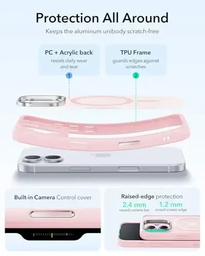 ESR for iPhone 17 Case with Stash Stand, Camera Control Cover Compatible with MagSafe, Military-Grade Drop Protection Magnetic Phone Case, Scratch-Resistant Back Cover,Frosted Bubblegum Pink 