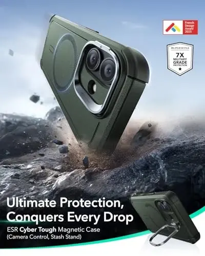 ESR for iPhone 17 Case with Stash Stand, 7X Military-Grade Drop Protection with Camera Control, Shock-Absorbing Phone Rugged Cover, Compatible with MagSafe Accessories, Cyber Series, Green - ESR