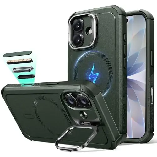 ESR for iPhone 17 Case with Stash Stand, 7X Military-Grade Drop Protection with Camera Control, Shock-Absorbing Phone Rugged Cover, Compatible with MagSafe Accessories, Cyber Series, Green - 2