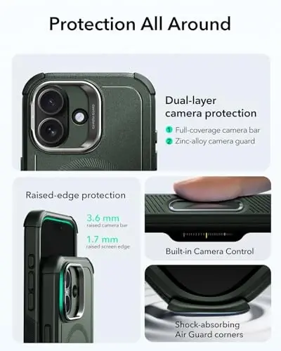 ESR for iPhone 17 Case with Stash Stand, 7X Military-Grade Drop Protection with Camera Control, Shock-Absorbing Phone Rugged Cover, Compatible with MagSafe Accessories, Cyber Series, Green - 4