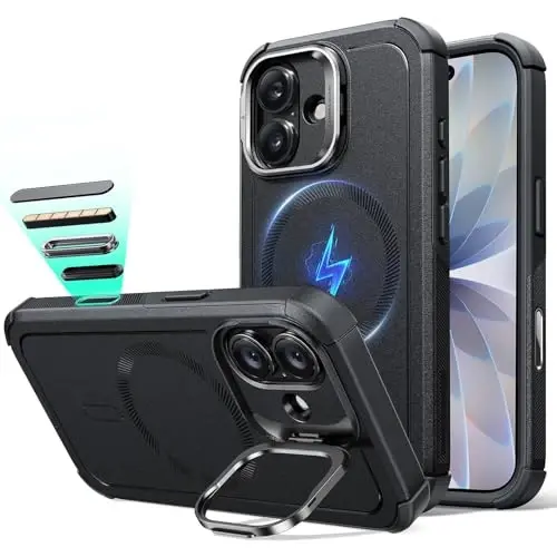 ESR for iPhone 17 Case with Stash Stand, 7X Military-Grade Drop Protection with Camera Control, Shock-Absorbing Phone Rugged Cover, Compatible with MagSafe Accessories, Cyber Series, Black 