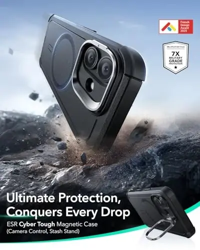 ESR for iPhone 17 Case with Stash Stand, 7X Military-Grade Drop Protection with Camera Control, Shock-Absorbing Phone Rugged Cover, Compatible with MagSafe Accessories, Cyber Series, Black - ESR
