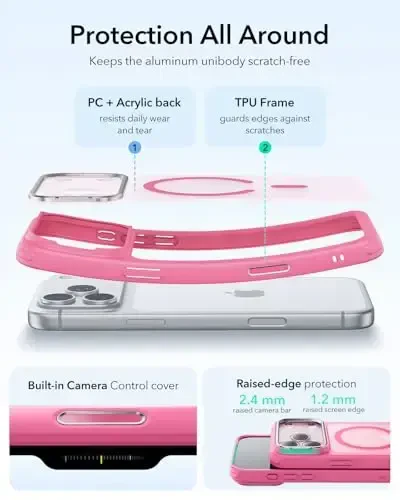 ESR for iPhone 17 Pro Max Case with Stash Stand, Camera Control Cover Compatible with MagSafe, Military-Grade Drop Protection Magnetic Phone Case, Scratch-Resistant Back Cover,Frosted Pink 