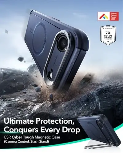 ESR for iPhone Air Case with Stash Stand, 7X Military-Grade Drop Protection, Camera Control, Shock-Absorbing iPhone 17 Air Phone Rugged case, Compatible with MagSafe Accessories, Cyber Series, Blue 