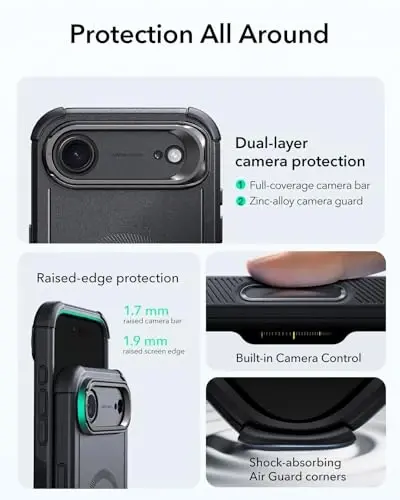 ESR for iPhone Air Case with Stash Stand, 7X Military-Grade Drop Protection, Camera Control, Shock-Absorbing iPhone 17 Air Phone Rugged case, Compatible with MagSafe Accessories, Cyber Series, Black - 4