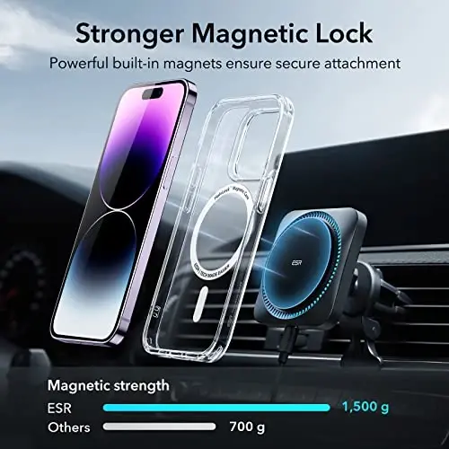 ESR Magnetic Phone Case for iPhone 14 Pro, MagSafe bilan mos, zarbga chidamli harbiy darajadagi himoya, sarg'ayishga chidamli, klassik gibrid g'ilof (HaloLock), shaffof - 2