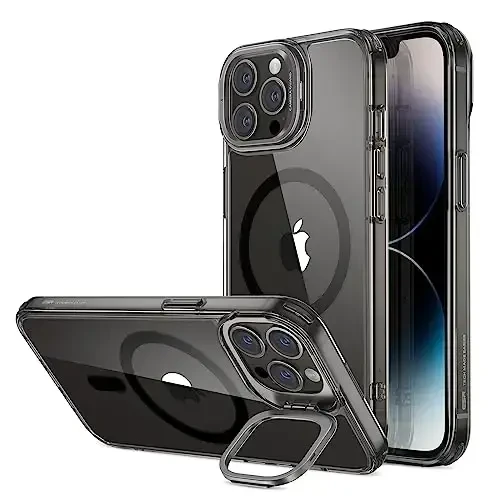 ESR Magnetic Phone Case for iPhone 14 Pro Max, MagSafe bilan mos, Oʻrnatilgan kamera halqasi, Harbiy darajadagi himoya, Klassik tirgakli gʻilof (HaloLock), Tiniq Qora - ESR