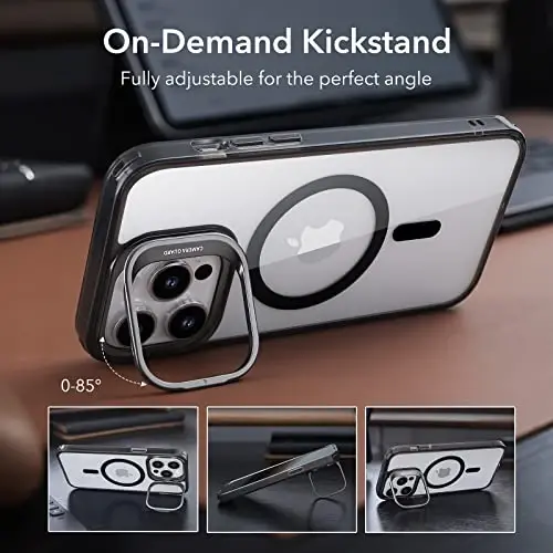 ESR Magnetic Phone Case for iPhone 14 Pro Max, MagSafe bilan mos, Oʻrnatilgan kamera halqasi, Harbiy darajadagi himoya, Klassik tirgakli gʻilof (HaloLock), Tiniq Qora - 4