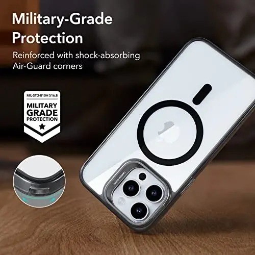 ESR Magnetic Phone Case for iPhone 14 Pro Max, MagSafe bilan mos, Oʻrnatilgan kamera halqasi, Harbiy darajadagi himoya, Klassik tirgakli gʻilof (HaloLock), Tiniq Qora - 6