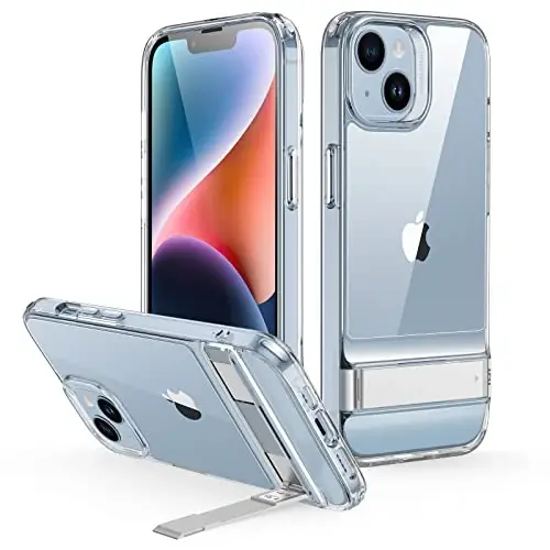 ESR Metal Kickstand Case iPhone 14 Case va iPhone 13 Case bilan mos, 3 ta Stend rejimi, Harbiy darajadagi tushishdan himoya, Simsiz zaryadlashni qo'llab-quvvatlaydi, Patentlangan tirgakli ingichka orqa qopqoq, Shaffof - 1