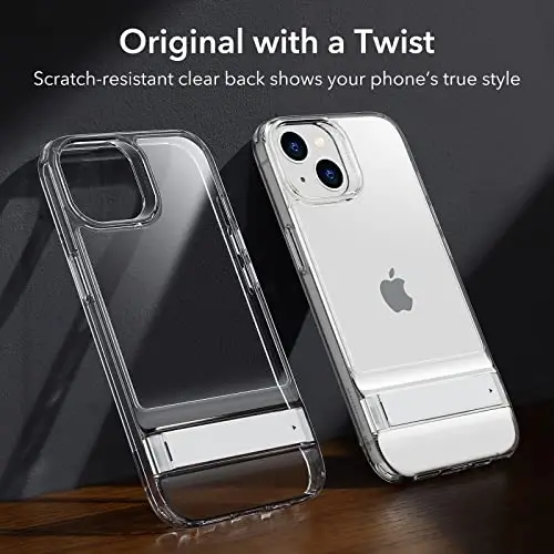 ESR Metal Kickstand Case iPhone 14 Case va iPhone 13 Case bilan mos, 3 ta Stend rejimi, Harbiy darajadagi tushishdan himoya, Simsiz zaryadlashni qo'llab-quvvatlaydi, Patentlangan tirgakli ingichka orqa qopqoq, Shaffof - 5