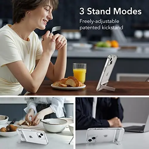 ESR Metal Kickstand Case iPhone 14 Case va iPhone 13 Case bilan mos, 3 ta Stend rejimi, Harbiy darajadagi tushishdan himoya, Simsiz zaryadlashni qo'llab-quvvatlaydi, Patentlangan tirgakli ingichka orqa qopqoq, Shaffof - 3
