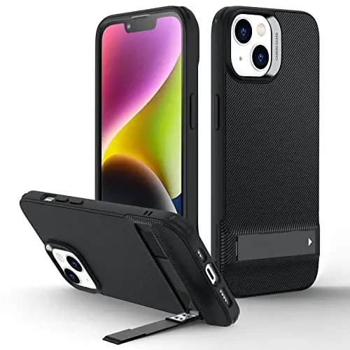 ESR Metal Kickstand Case iPhone 14 va iPhone 13 bilan mos keladi, 3 ta tayanch rejimi, harbiy darajadagi tushishdan himoya, simsiz zaryadlashni qo'llab-quvvatlaydi, patentlangan tayanchga ega ingichka orqa qopqoq, qora 