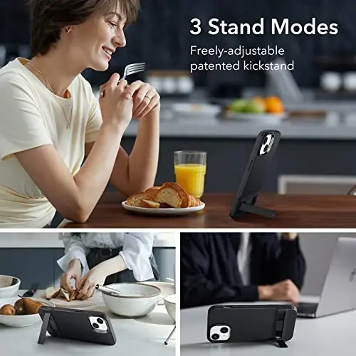 ESR Metal Kickstand Case iPhone 14 va iPhone 13 bilan mos keladi, 3 ta tayanch rejimi, harbiy darajadagi tushishdan himoya, simsiz zaryadlashni qo'llab-quvvatlaydi, patentlangan tayanchga ega ingichka orqa qopqoq, qora - 3