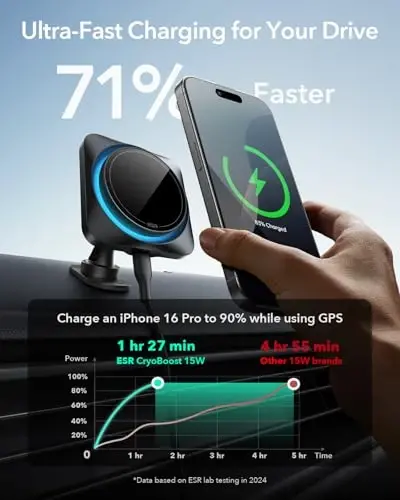 ESR for 15W MagSafe Car Mount Charger with CryoBoost, Phone Cooling MagSafe Car Charger, Air Vent/Dashboard Wireless Charging for iPhone 17e/17/16/15/14/13/12, S26/S25 Series, Pixel 10, Fast Charger - 3
