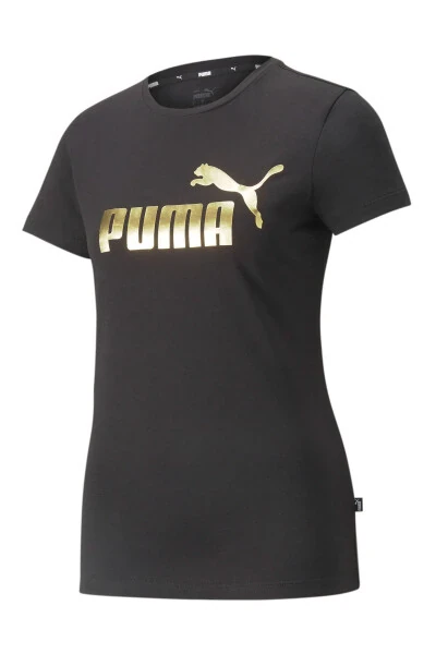 848303-01 Ess+ Metallic Logo Tee Kadın T-shirt Black-gold Foil-Siyah - 5