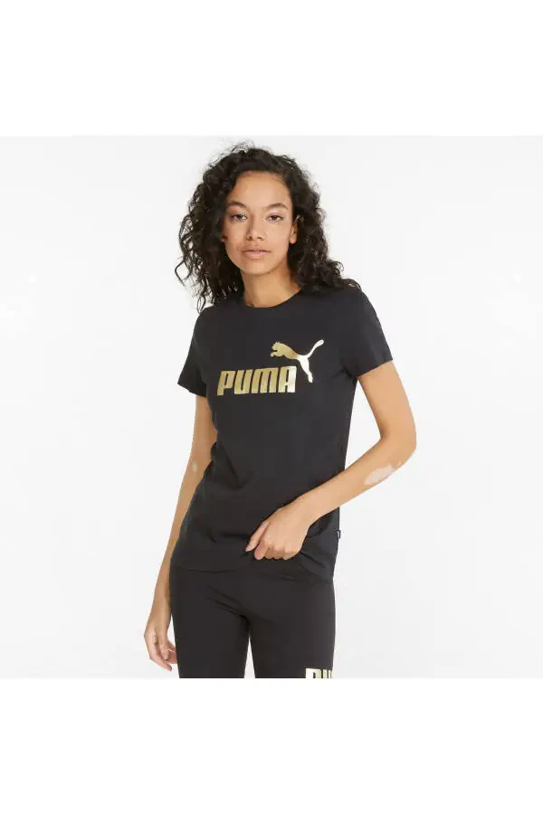 848303-01 Ess+ Metallic Logo Tee Kadın T-shirt Black-gold Foil-Siyah - 1