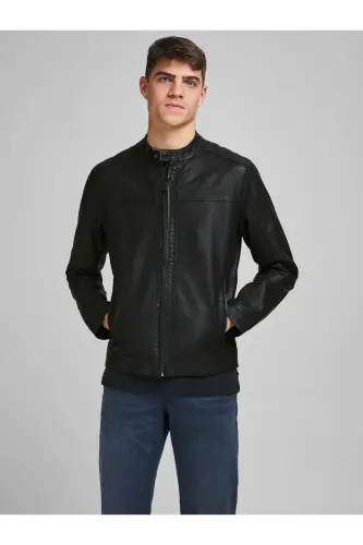 Essentials Jjewarner Regular Fit Fermuarlı Suni Deri Mont Erkek Deri Mont 12182461 - SİYAH - 1