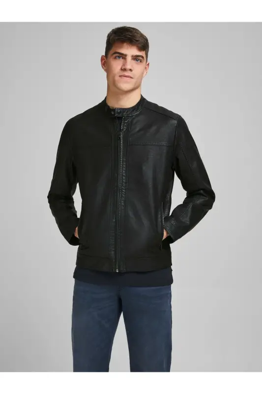 Essentials Jjewarner Regular Fit Fermuarlı Suni Deri Mont Erkek Deri Mont 12182461 - SİYAH - 1