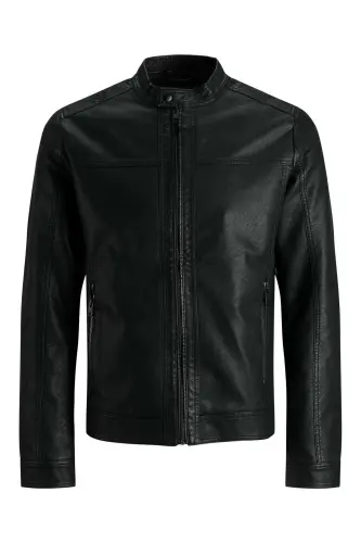 Essentials Jjewarner Regular Fit Fermuarlı Suni Deri Mont Erkek Deri Mont 12182461 - SİYAH - 5