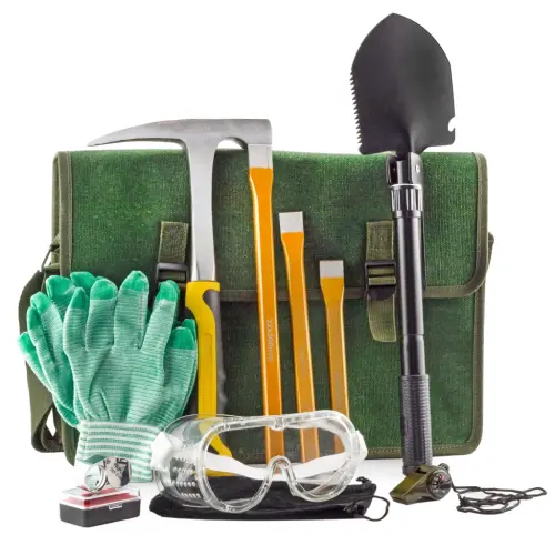Esterno Rockhound & Rock Mining Kit (Deluxe 15-Piece Set); Rockhound Set Includes Hammer, Chisels, Musette Bag and Accessories - 1