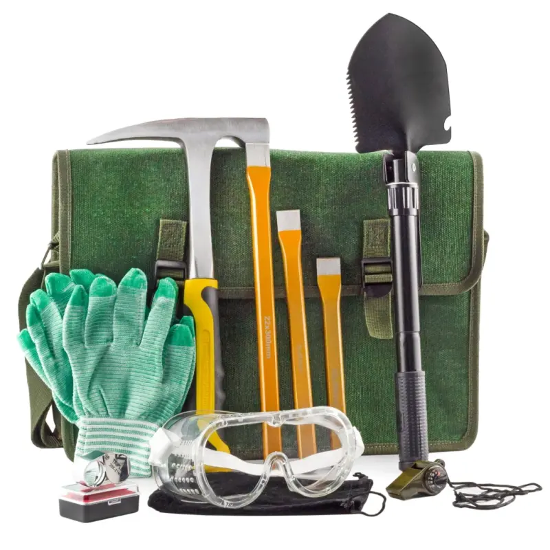 Esterno Rockhound & Rock Mining Kit (Deluxe 15-Piece Set); Rockhound Set Includes Hammer, Chisels, Musette Bag and Accessories - 1