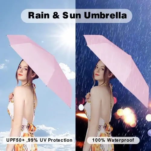 ESUFEIR Mini Travel Sun Umbrella for Purse With Case,Small Compact UV Umbrella Protection Sun,Lightweight Portable Parasol Windproof for Women Men Kids (Pink) - 3