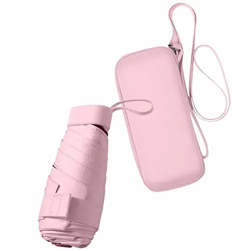 ESUFEIR Mini Travel Sun Umbrella for Purse With Case,Small Compact UV Umbrella Protection Sun,Lightweight Portable Parasol Windproof for Women Men Kids (Pink) - 1