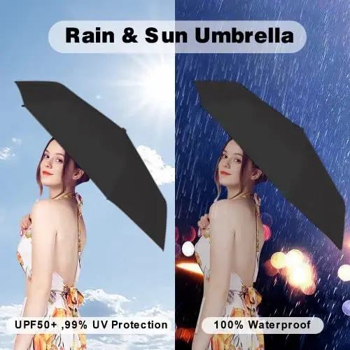 ESUFEIR Mini Travel Sun Umbrella for Purse With Case,Small Compact UV Umbrella Protection Sun,Lightweight Portable Parasol Windproof for Women Men Kids (Black) - 3
