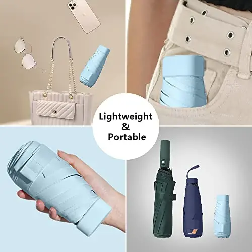 ESUFEIR Mini Travel Sun Umbrella for Purse With Case,Small Compact UV Umbrella Protection Sun,Lightweight Portable Parasol Windproof for Women Men Kids (syblue) - 5